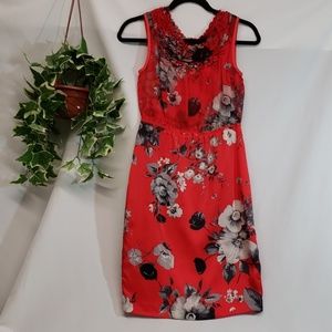 Elie Tahari Red Floral Midi Dress